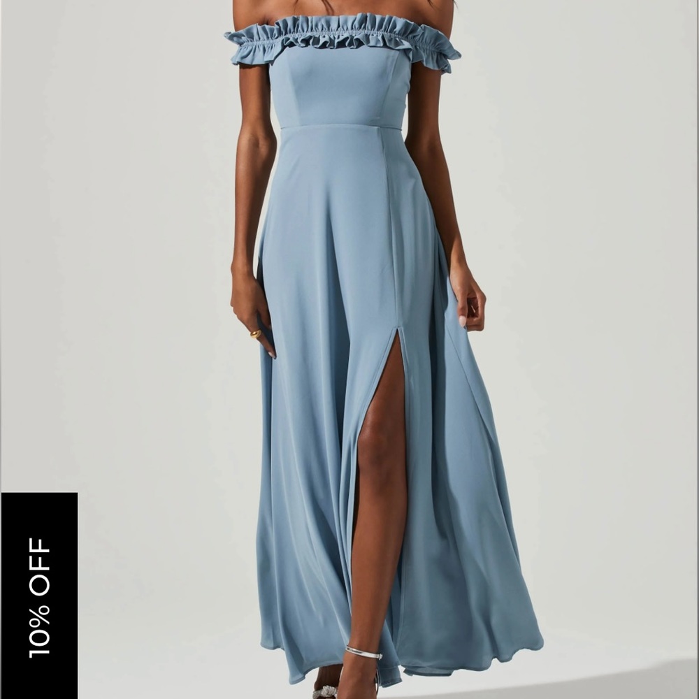 ASTR the label Venetia Off the Shoulder HEMMED for 5’4”-5’6” Dress Steel Blue